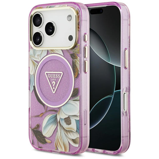 Capa MagSafe para Apple iPhone 17 Pro, Guess, IML Metal Glitter Flowers Triangle, Roxo