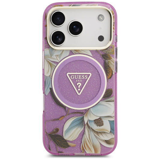 Capa MagSafe para Apple iPhone 17 Pro, Guess, IML Metal Glitter Flowers Triangle, Roxo