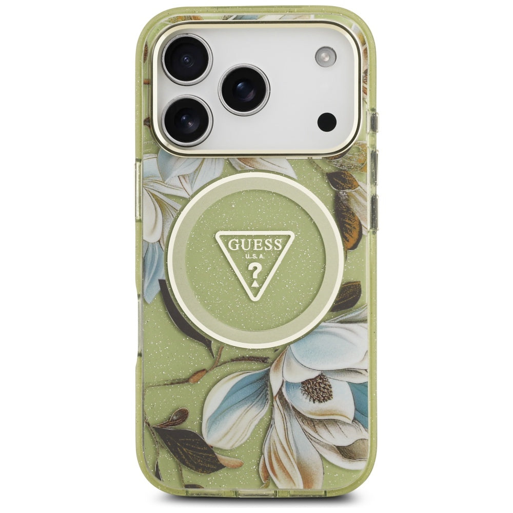 Capa MagSafe para Apple iPhone 17 Pro, Guess, IML Metal Glitter Flowers Triangle, Verde