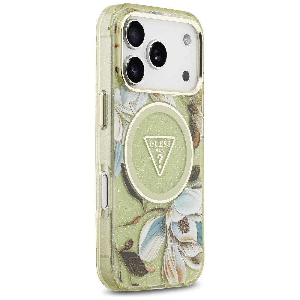 Capa MagSafe para Apple iPhone 17 Pro, Guess, IML Metal Glitter Flowers Triangle, Verde