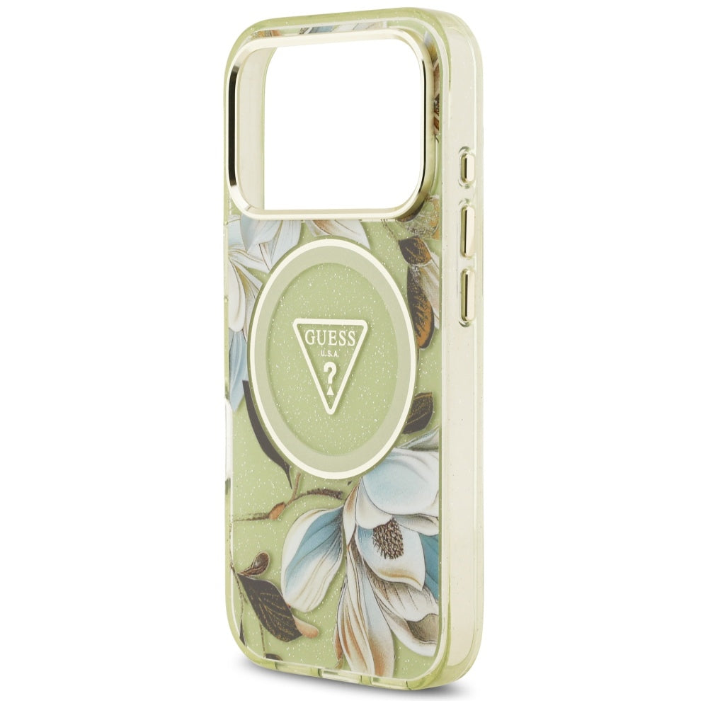 Capa MagSafe para Apple iPhone 17 Pro, Guess, IML Metal Glitter Flowers Triangle, Verde