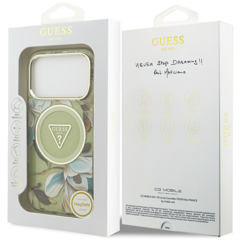Capa MagSafe para Apple iPhone 17 Pro, Guess, IML Metal Glitter Flowers Triangle, Verde