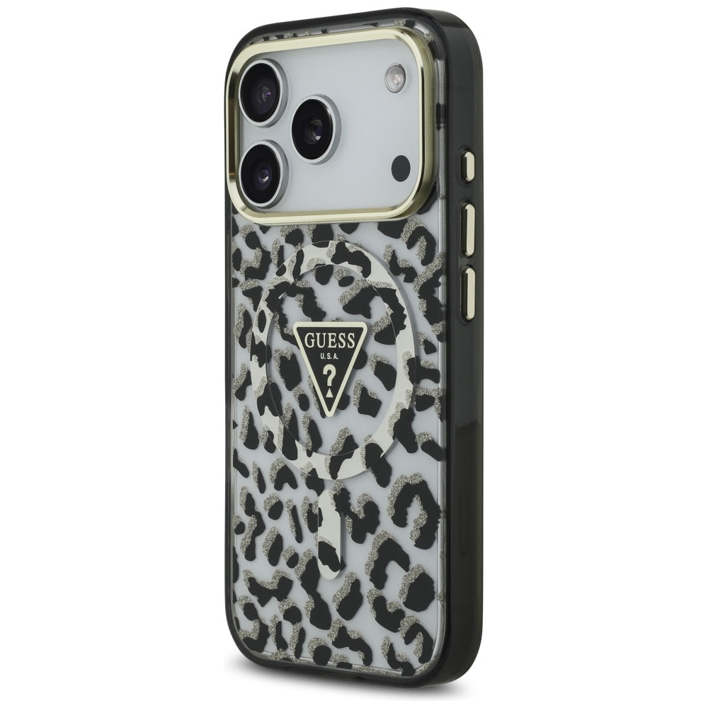 Capa MagSafe para Apple iPhone 17 Pro, Guess, Leopard Glitter, Preta