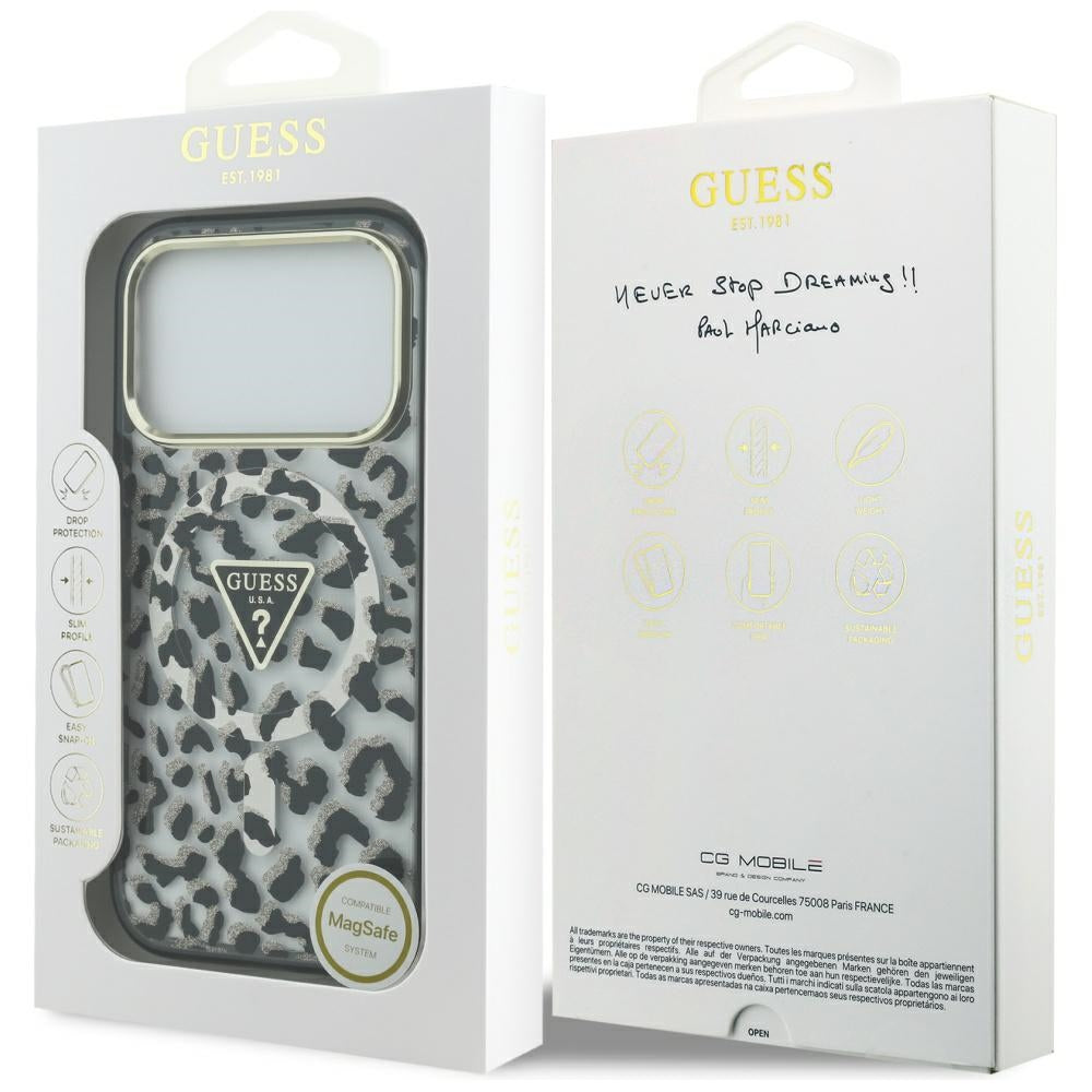 Capa MagSafe para Apple iPhone 17 Pro, Guess, Leopard Glitter, Preta