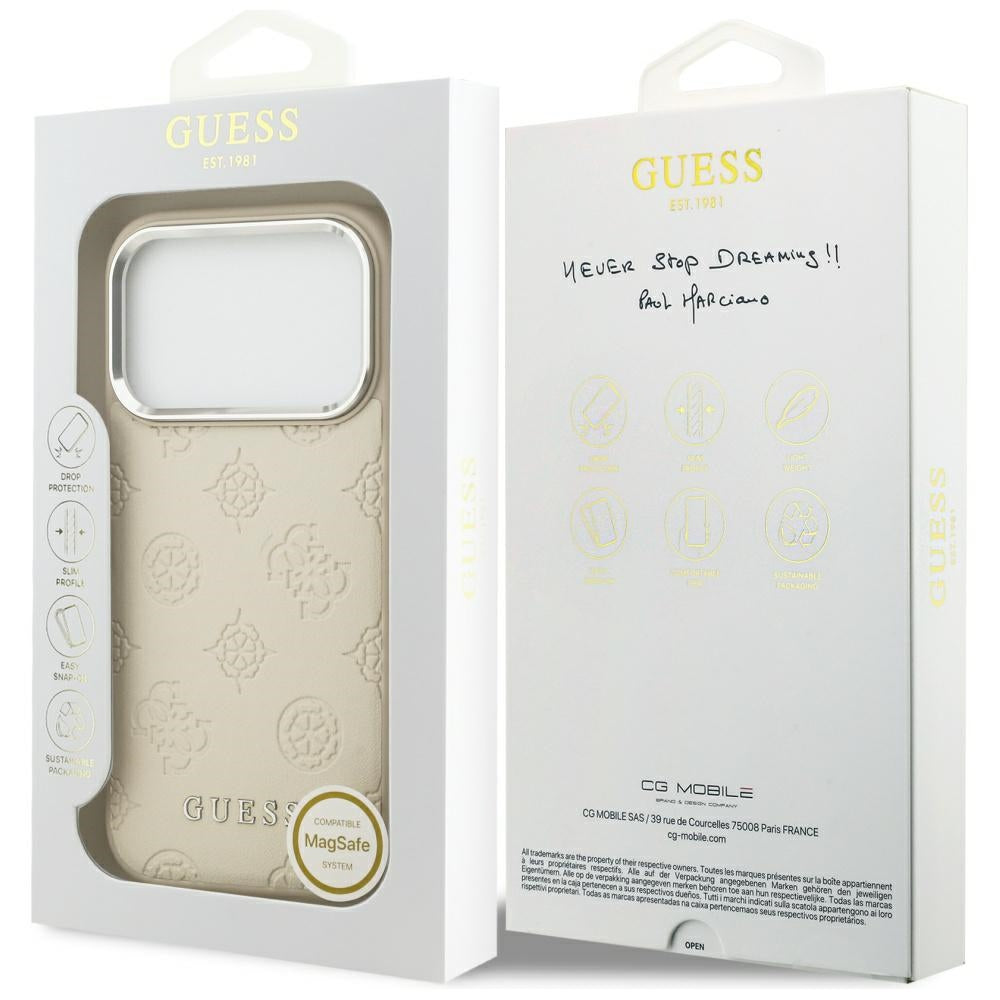 Capa MagSafe para Apple iPhone 17 Pro, Guess, Peony Hot Stamp Script, Bege