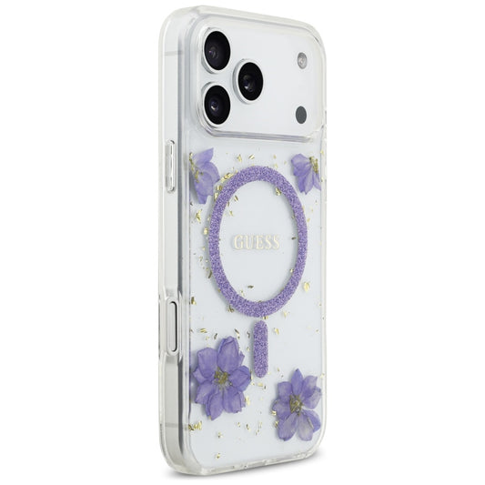Capa MagSafe para Apple iPhone 17 Pro, Guess, Resin Flowers and Glitter, Roxo