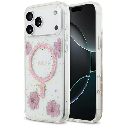 Capa MagSafe para Apple iPhone 17 Pro, Guess, Resin Flowers and Glitter, Rosa