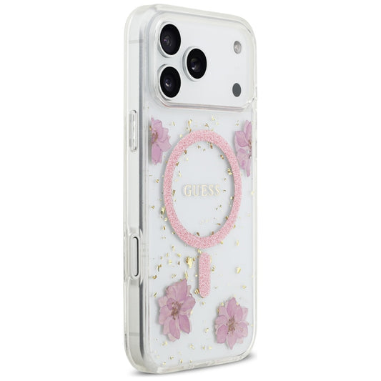 Capa MagSafe para Apple iPhone 17 Pro, Guess, Resin Flowers and Glitter, Rosa