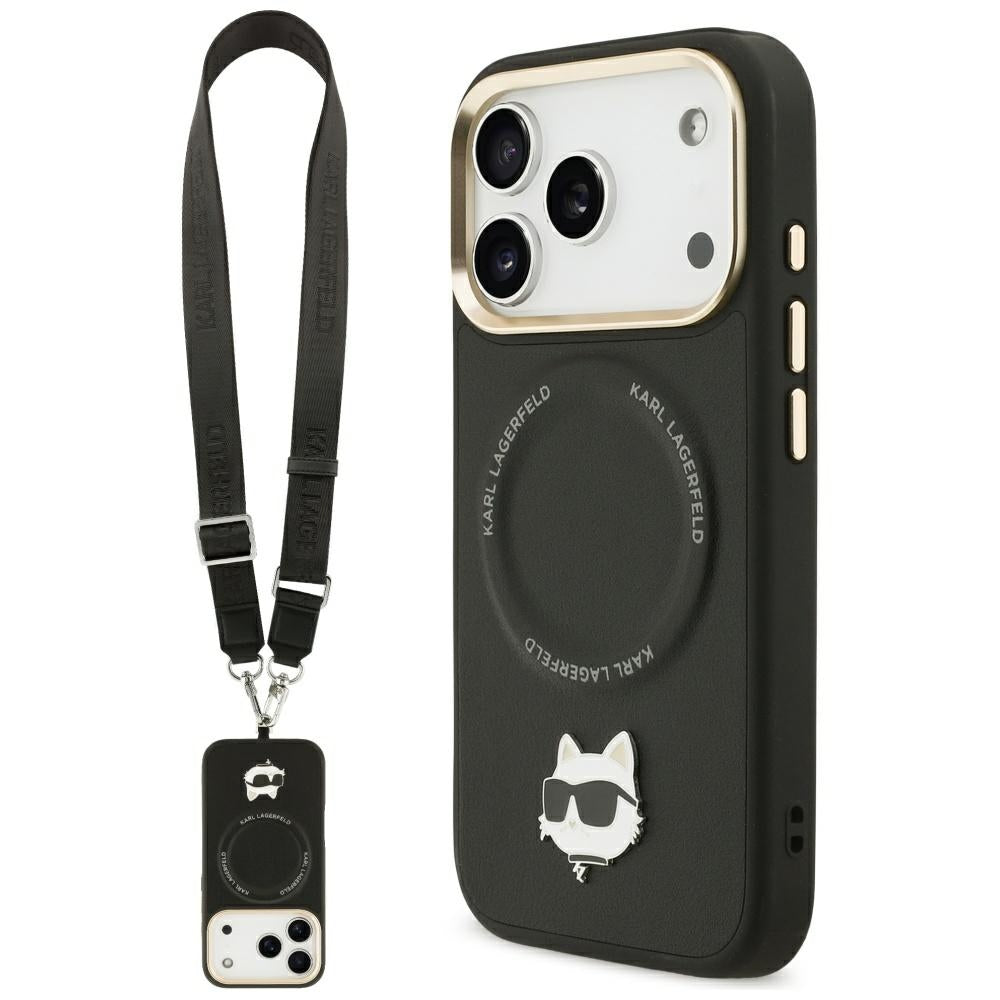 Capa MagSafe para Apple iPhone 17 Pro, Karl Lagerfeld, Big Strap Choupette Metal Logo, Preta