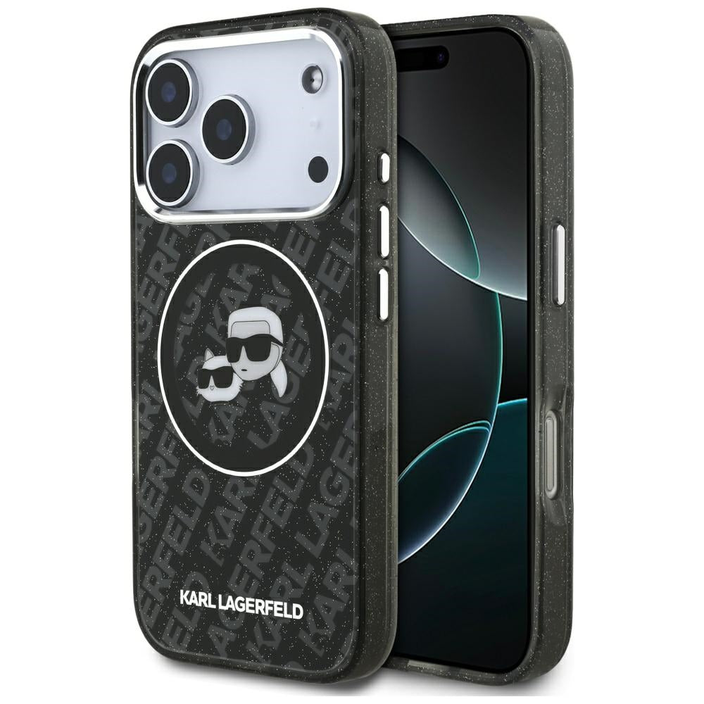 Capa MagSafe para Apple iPhone 17 Pro, Karl Lagerfeld, Glitter Karl & Choupette Head, Preta