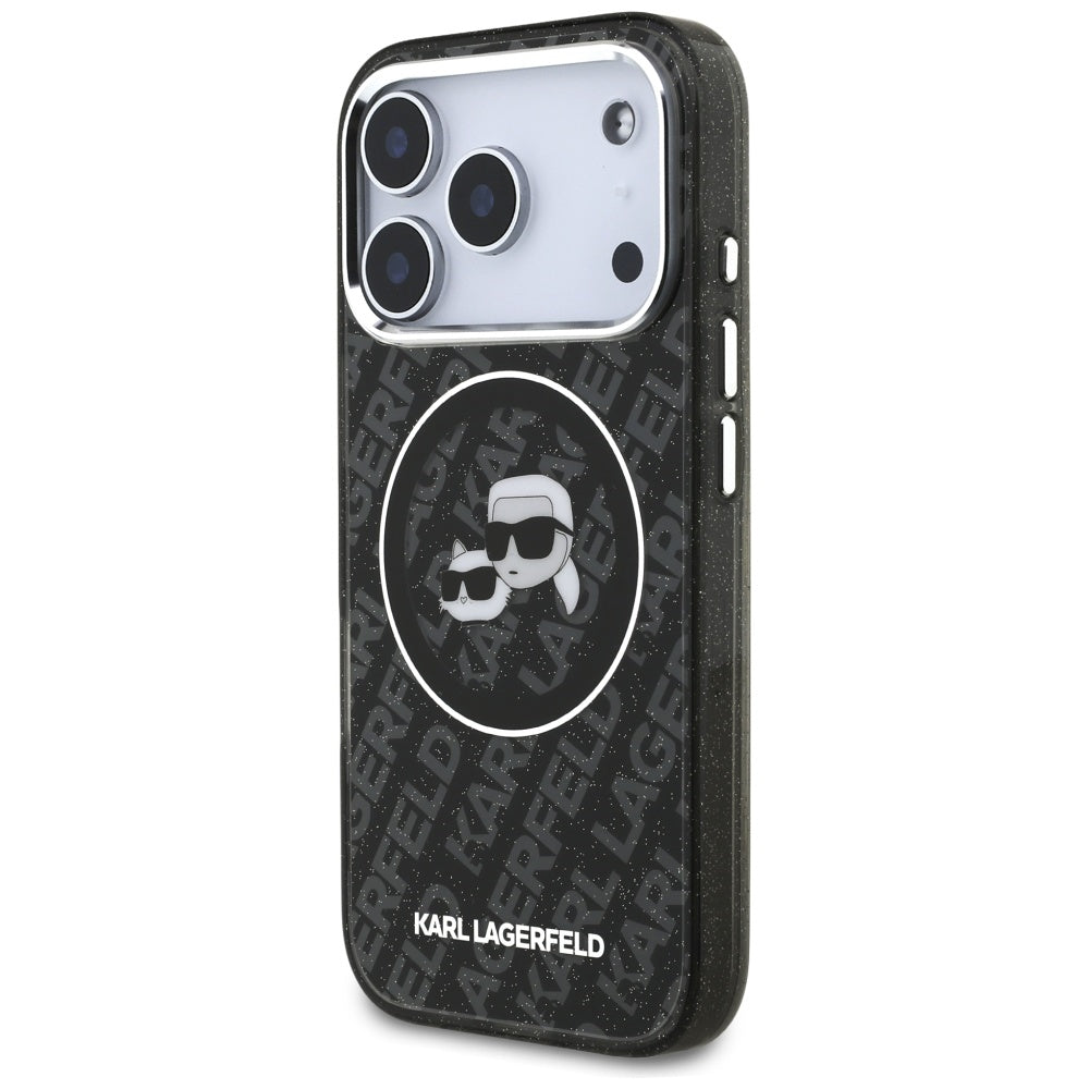 Capa MagSafe para Apple iPhone 17 Pro, Karl Lagerfeld, Glitter Karl & Choupette Head, Preta