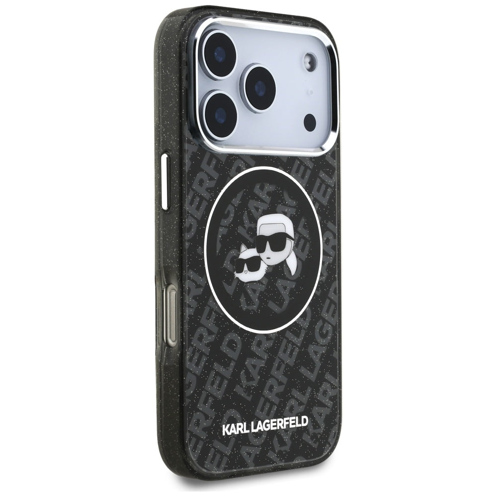 Capa MagSafe para Apple iPhone 17 Pro, Karl Lagerfeld, Glitter Karl & Choupette Head, Preta
