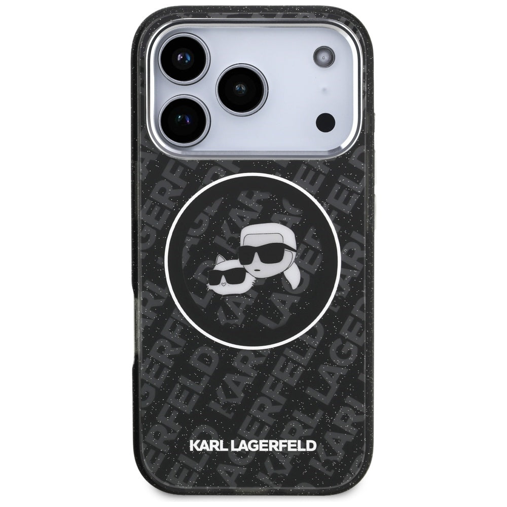 Capa MagSafe para Apple iPhone 17 Pro, Karl Lagerfeld, Glitter Karl & Choupette Head, Preta