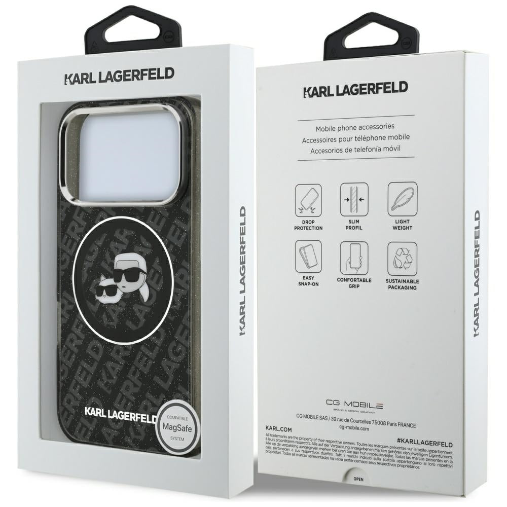 Capa MagSafe para Apple iPhone 17 Pro, Karl Lagerfeld, Glitter Karl & Choupette Head, Preta