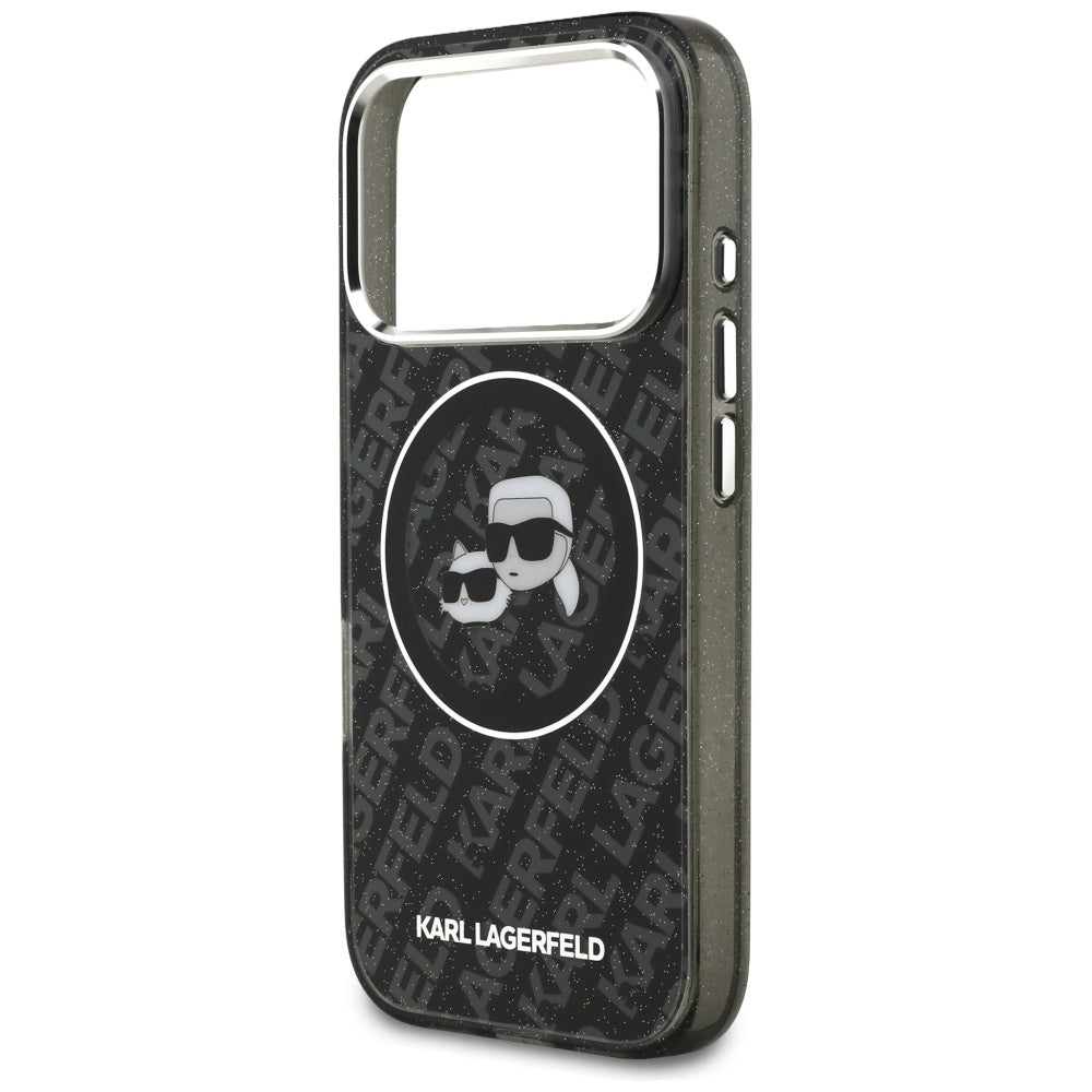 Capa MagSafe para Apple iPhone 17 Pro, Karl Lagerfeld, Glitter Karl & Choupette Head, Preta