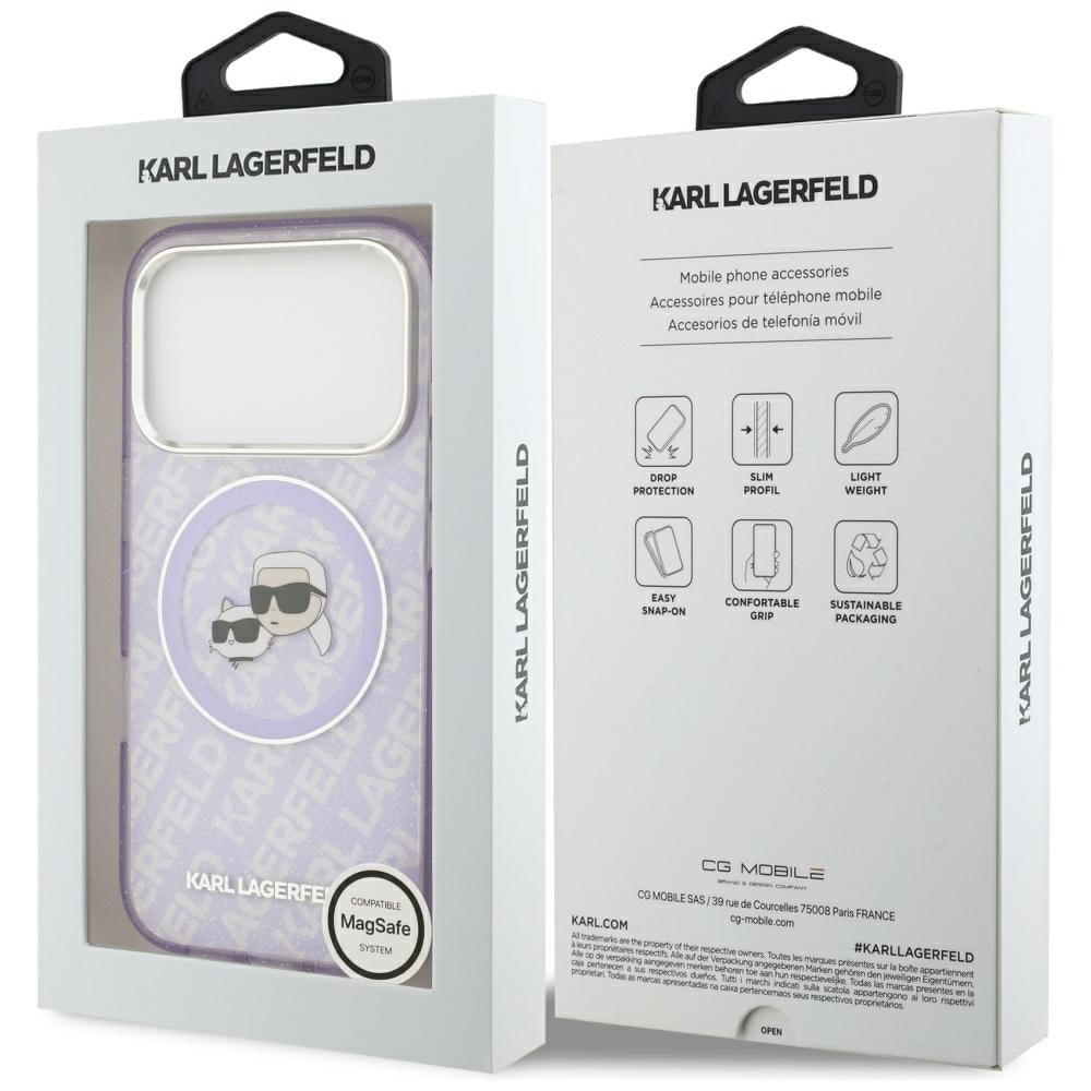 Capa MagSafe para Apple iPhone 17 Pro, Karl Lagerfeld, IML Glitter Karl & Choupette's Heads, Roxo