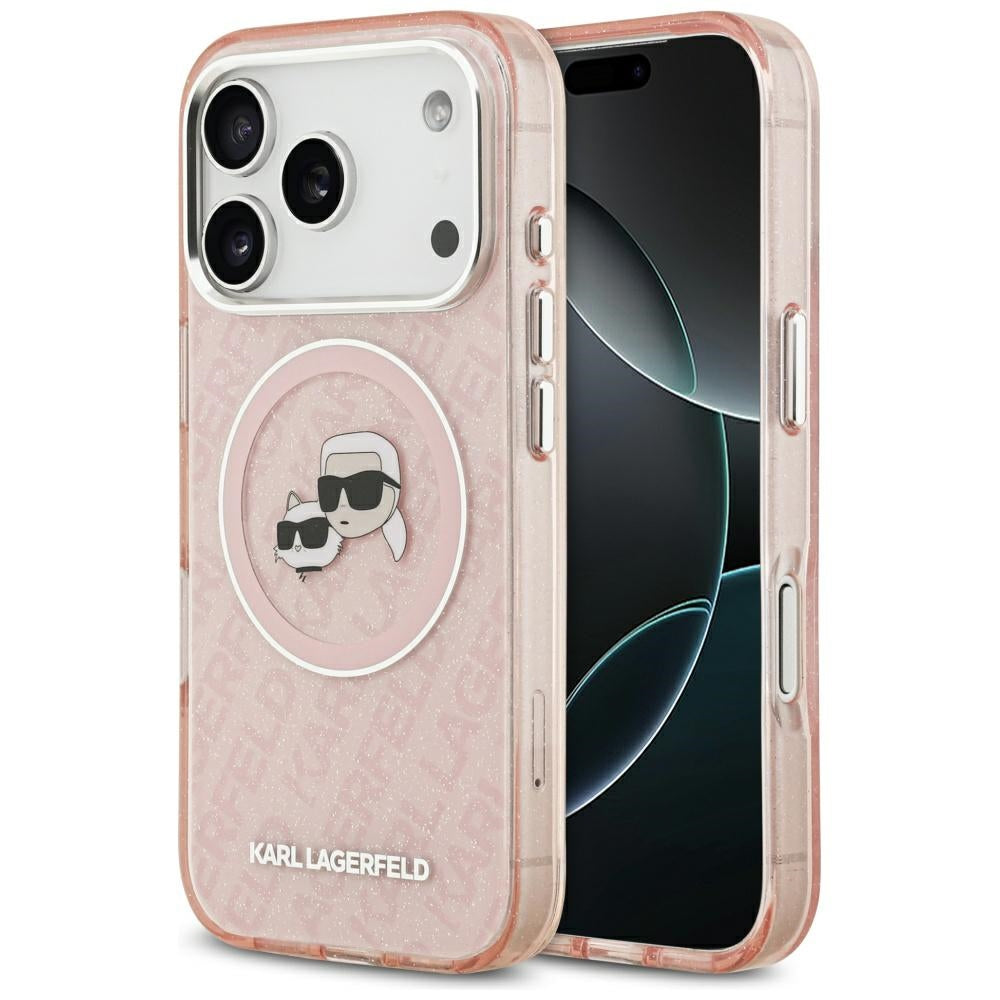 Capa MagSafe para Apple iPhone 17 Pro, Karl Lagerfeld, IML Glitter Karl & Choupette's Heads, Rosa