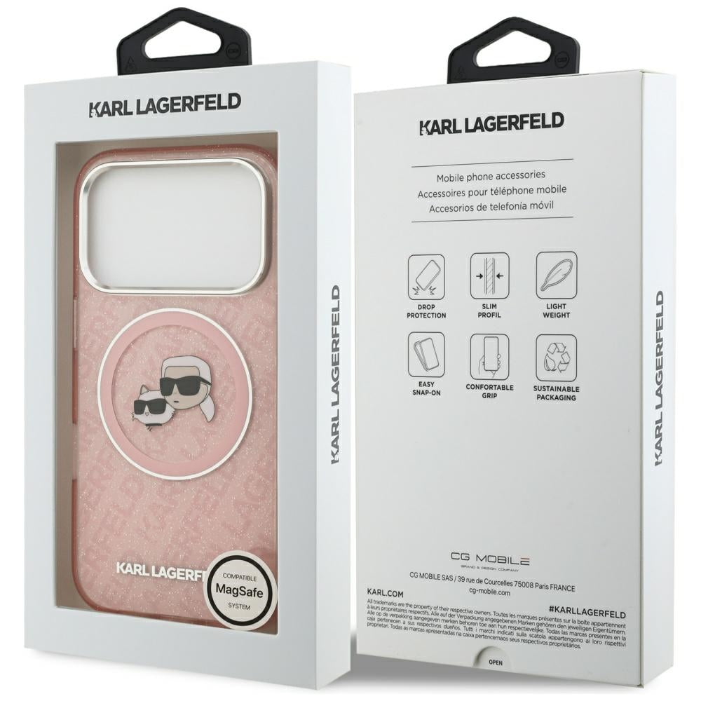 Capa MagSafe para Apple iPhone 17 Pro, Karl Lagerfeld, IML Glitter Karl & Choupette's Heads, Rosa