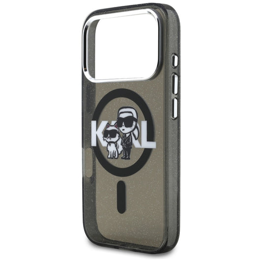 Capa MagSafe para Apple iPhone 17 Pro, Karl Lagerfeld, IML Sketch Logo Glitter Karl & Choupette, Preta.