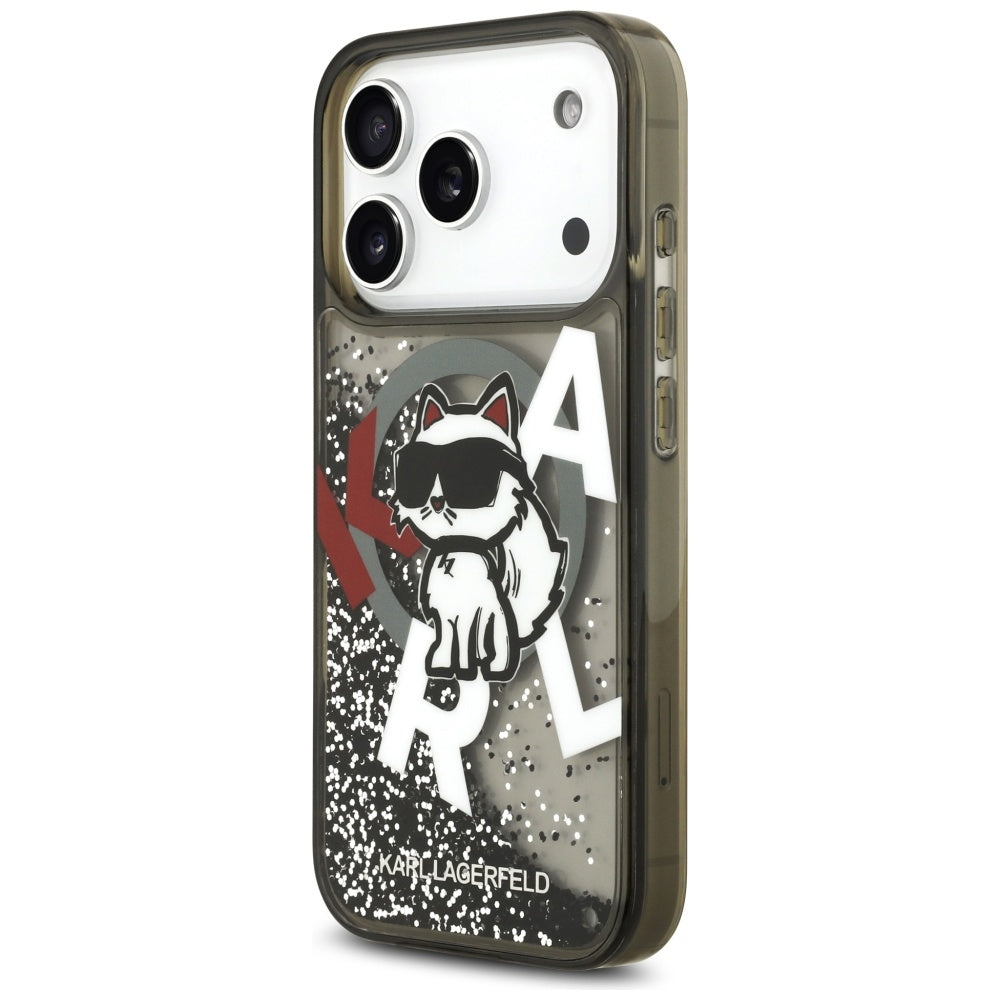 Capa MagSafe para Apple iPhone 17 Pro, Karl Lagerfeld, Liquid Glitter Choupette Logo, Preta.