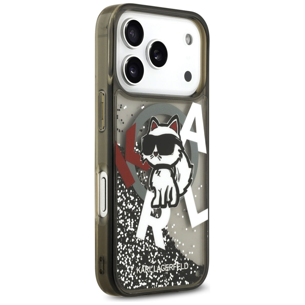 Capa MagSafe para Apple iPhone 17 Pro, Karl Lagerfeld, Liquid Glitter Choupette Logo, Preta.