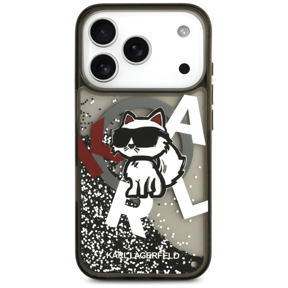 Capa MagSafe para Apple iPhone 17 Pro, Karl Lagerfeld, Liquid Glitter Choupette Logo, Preta.