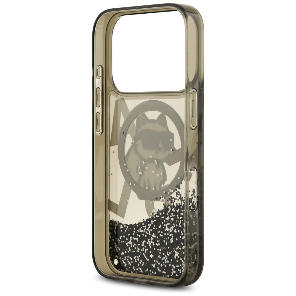 Capa MagSafe para Apple iPhone 17 Pro, Karl Lagerfeld, Liquid Glitter Choupette Logo, Preta.