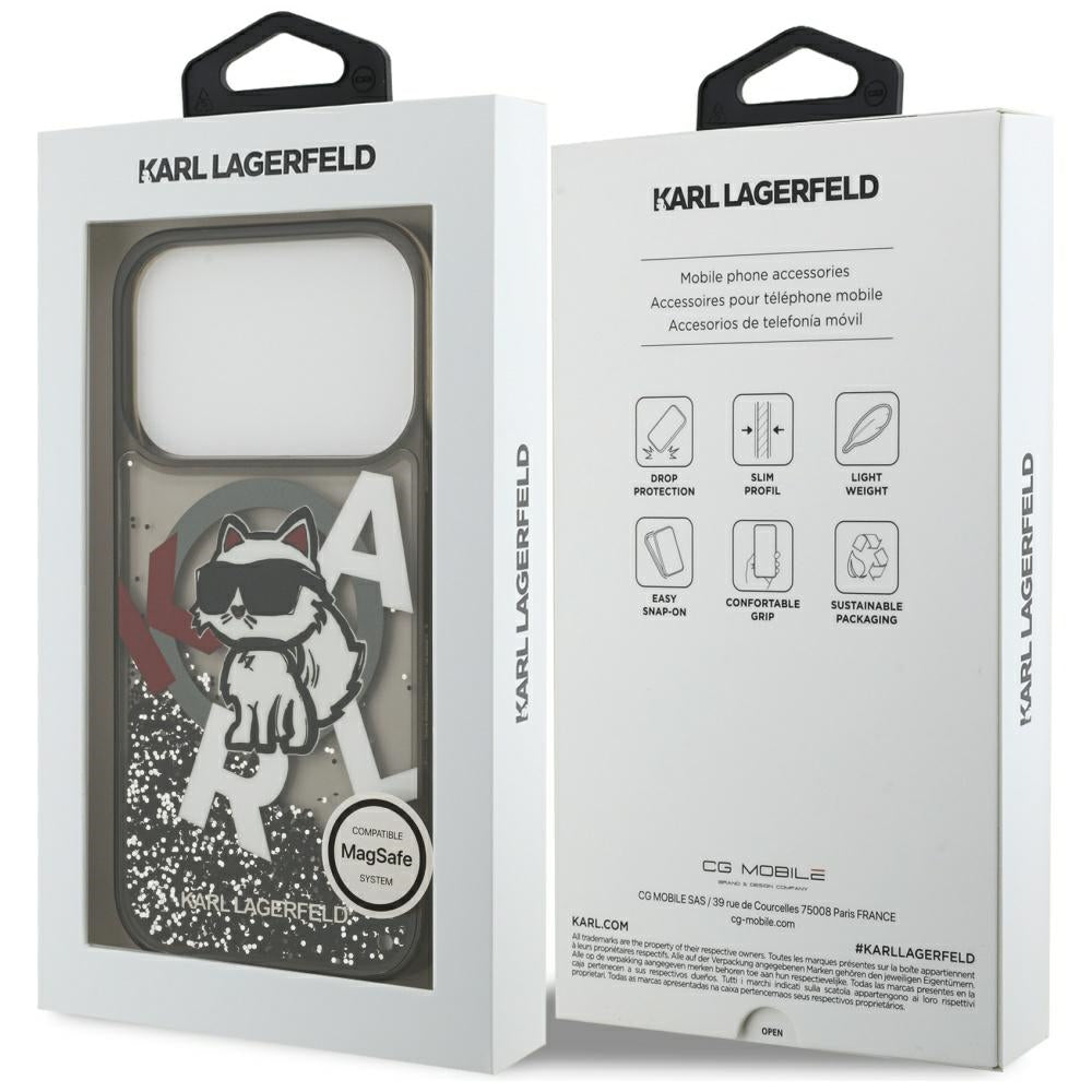 Capa MagSafe para Apple iPhone 17 Pro, Karl Lagerfeld, Liquid Glitter Choupette Logo, Preta.