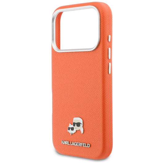 Capa MagSafe para Apple iPhone 17 Pro, Karl Lagerfeld, Saffiano Karl & Choupette Pins, Laranja