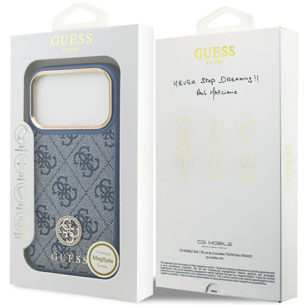 Capa MagSafe para Apple iPhone 17 Pro Max, Guess, Logo Strass 4G, Azul