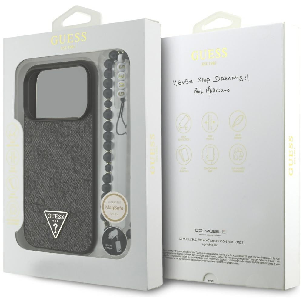 Capa MagSafe para Apple iPhone 17 Pro Max, Guess, Logo Triângulo 4G com Alça de Cordão, Preta