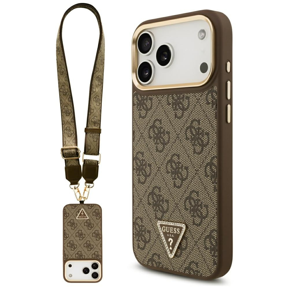 MagSafe Case for Apple iPhone 17 Pro Max, Guess, 4G Triangle Logo with Big Strap, Brown