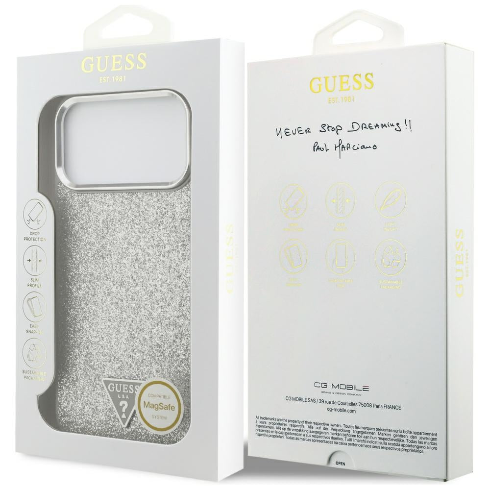 Capa MagSafe para Apple iPhone 17 Pro Max, Guess, Glitter Triangle Logo, Prateada
