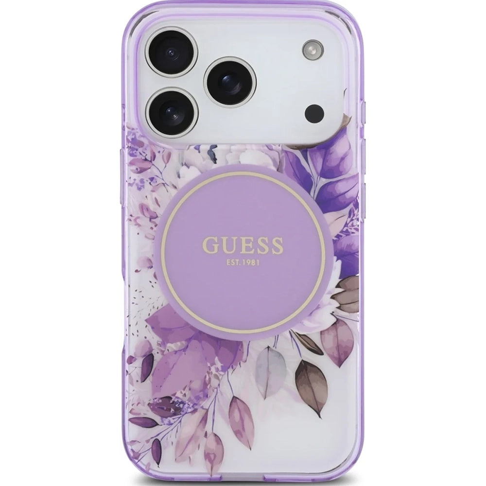 MagSafe Case for Apple iPhone 17 Pro Max, Guess, IML Flower & Tonal Circle, Purple