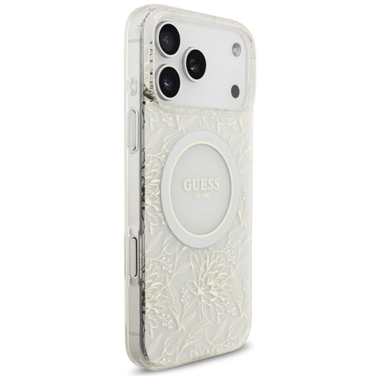 Capa MagSafe para Apple iPhone 17 Pro Max, Guess, IML Flowers Allover Electroplated with Pearl Strap, Branca