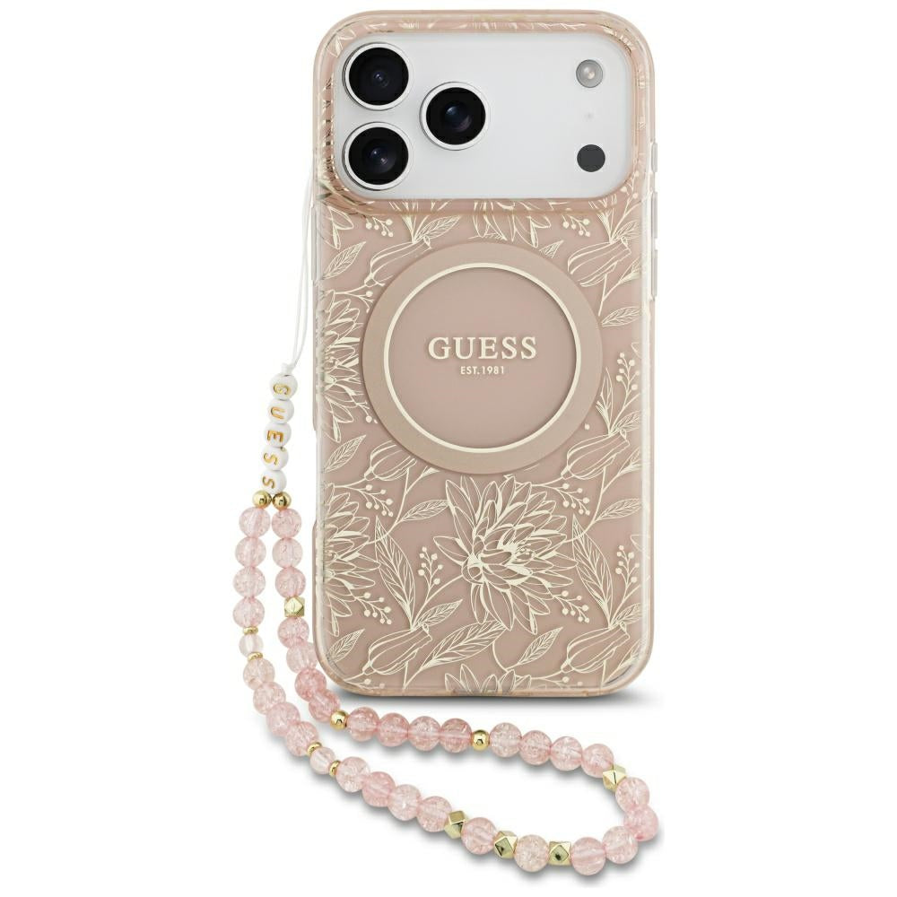 Capa MagSafe para Apple iPhone 17 Pro Max, Guess, IML Flowers Allover Electroplated with Pearl Strap, Rosa