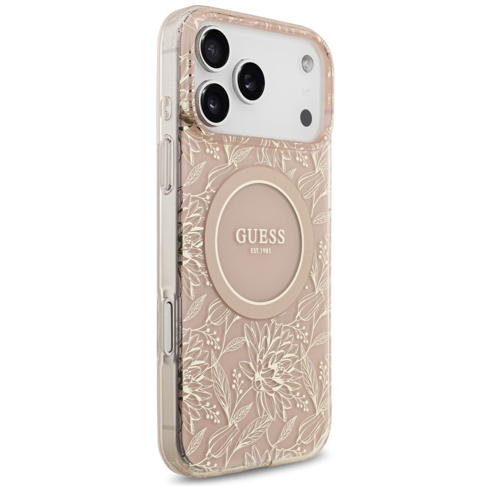 Capa MagSafe para Apple iPhone 17 Pro Max, Guess, IML Flowers Allover Electroplated with Pearl Strap, Rosa