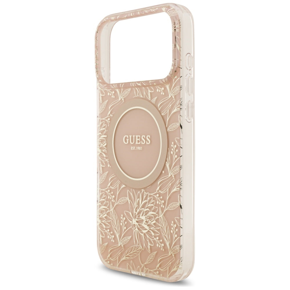 Capa MagSafe para Apple iPhone 17 Pro Max, Guess, IML Flowers Allover Electroplated with Pearl Strap, Rosa