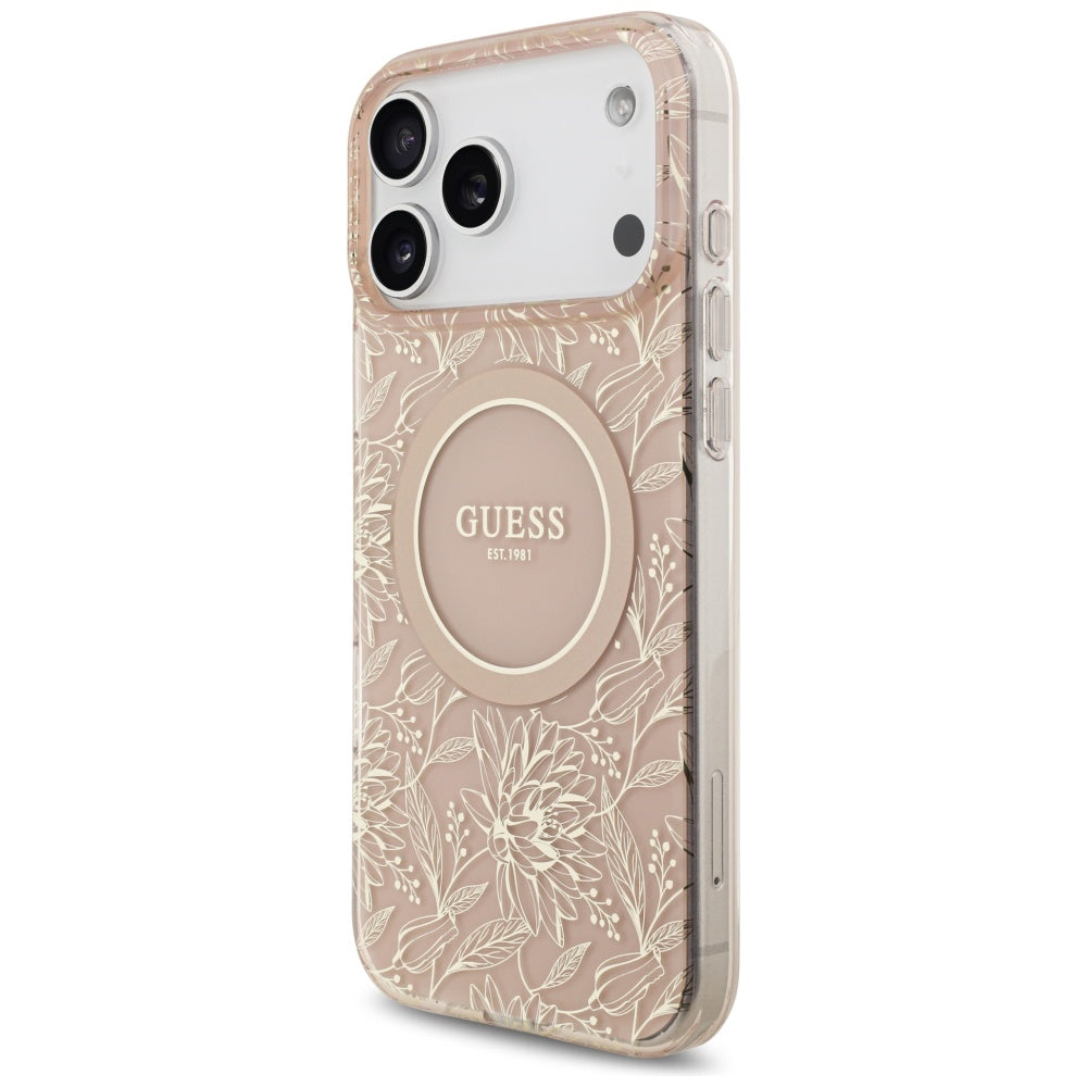 Capa MagSafe para Apple iPhone 17 Pro Max, Guess, IML Flowers Allover Electroplated with Pearl Strap, Rosa