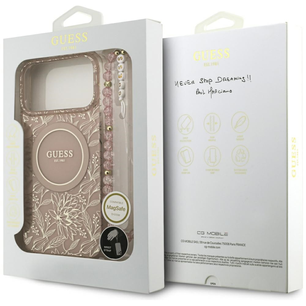 Capa MagSafe para Apple iPhone 17 Pro Max, Guess, IML Flowers Allover Electroplated with Pearl Strap, Rosa