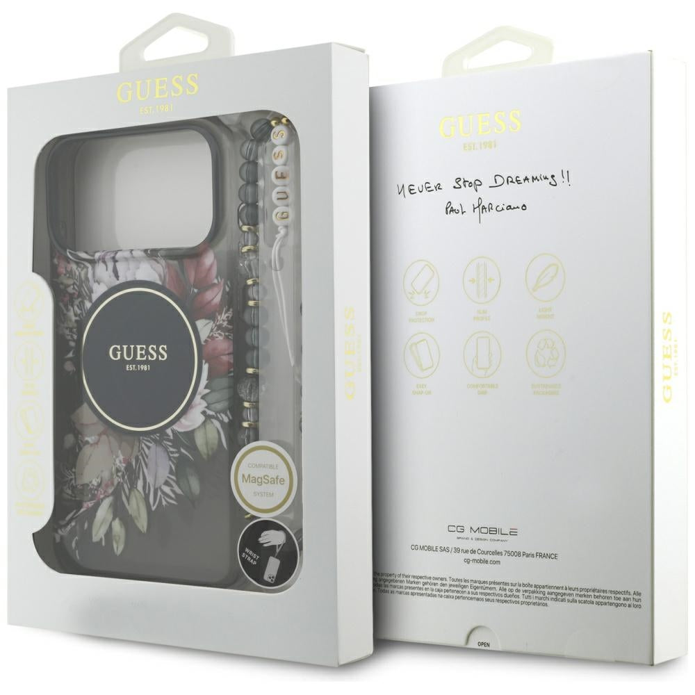 Capa MagSafe para Apple iPhone 17 Pro Max, Guess, IML Flowers with Pearl Strap, Preta