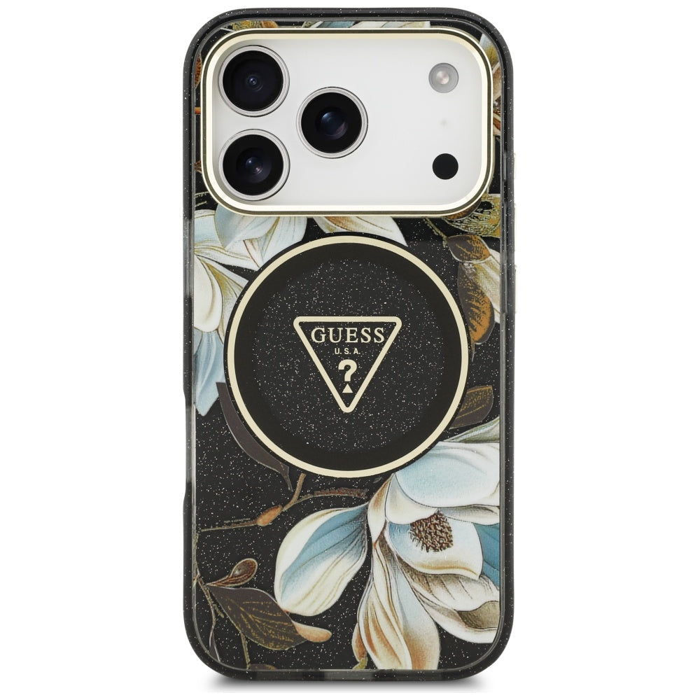 Capa MagSafe para Apple iPhone 17 Pro Max, Guess, IML Metal Glitter Flowers Triangle, Preta