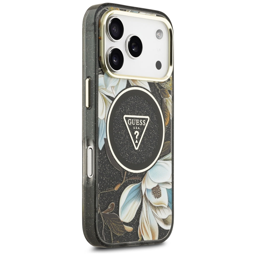 Capa MagSafe para Apple iPhone 17 Pro Max, Guess, IML Metal Glitter Flowers Triangle, Preta