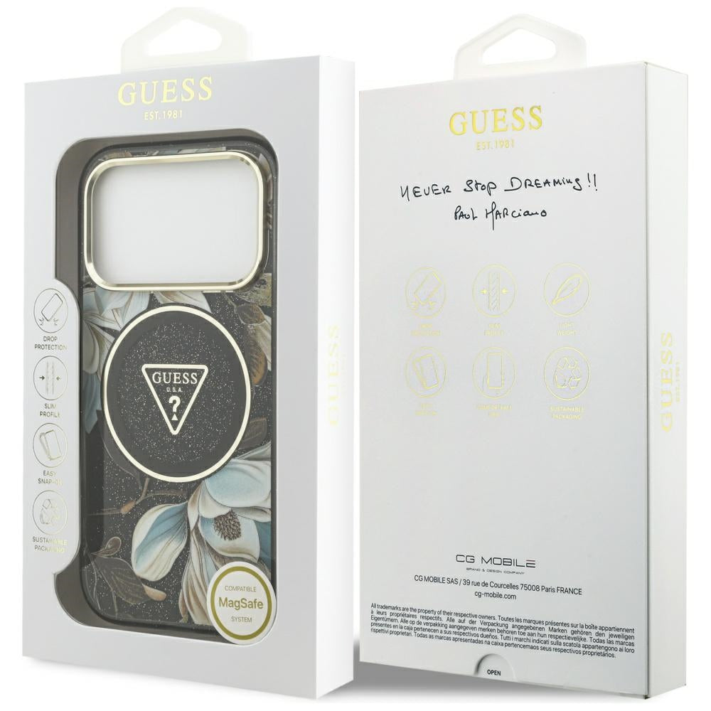 Capa MagSafe para Apple iPhone 17 Pro Max, Guess, IML Metal Glitter Flowers Triangle, Preta