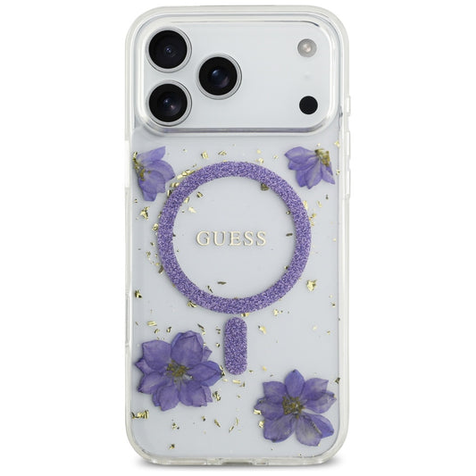 Capa MagSafe para Apple iPhone 17 Pro Max, Guess, Resin Flowers and Glitter, Roxo