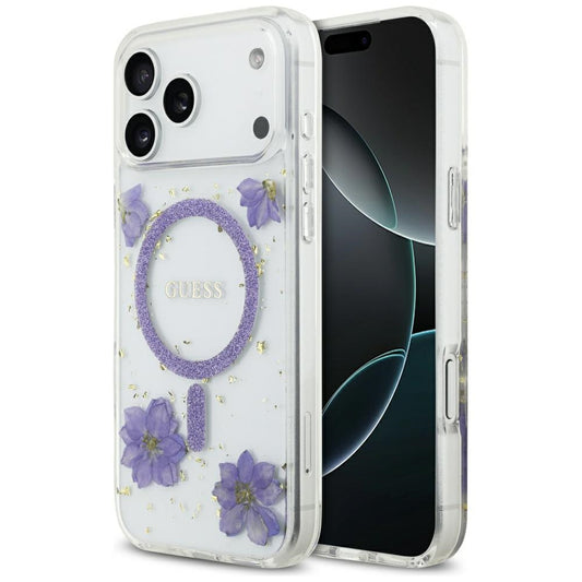 Capa MagSafe para Apple iPhone 17 Pro Max, Guess, Resin Flowers and Glitter, Roxo