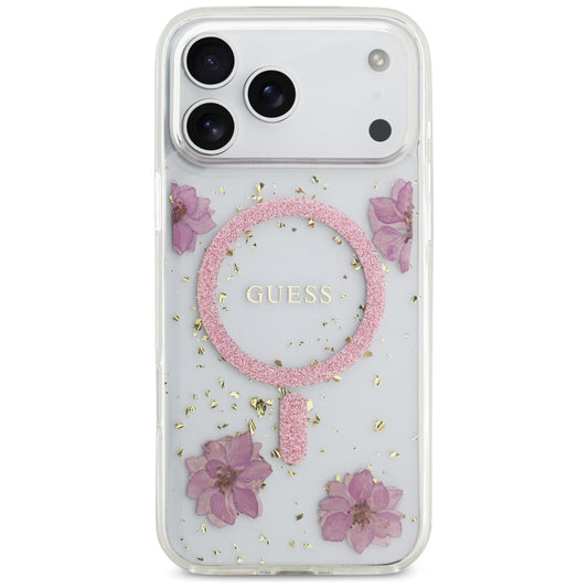 Capa MagSafe para Apple iPhone 17 Pro Max, Guess, Resin Flowers and Glitter, Rosa