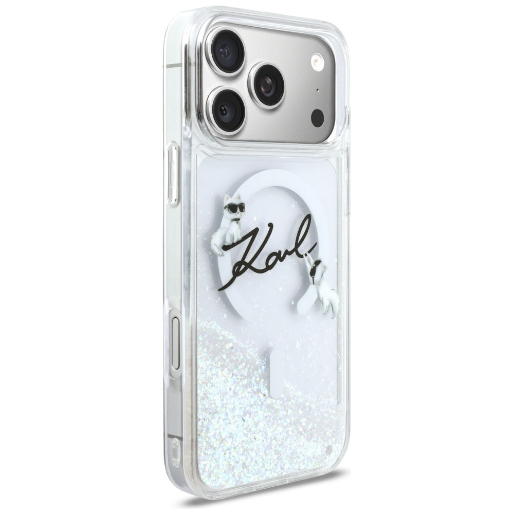 Capa MagSafe para Apple iPhone 17 Pro Max, Karl Lagerfeld, Glitter Karl Script Logo, Transparente