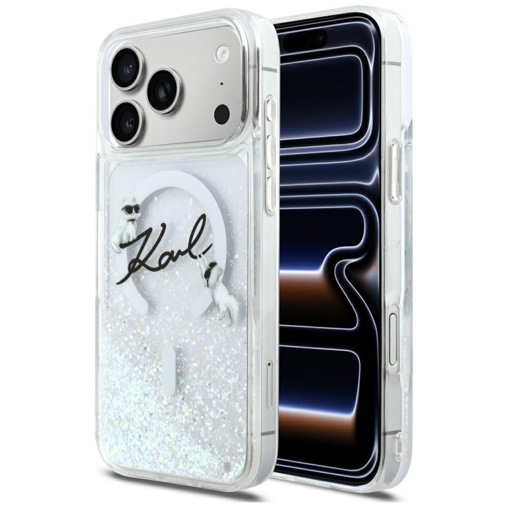 Capa MagSafe para Apple iPhone 17 Pro Max, Karl Lagerfeld, Glitter Karl Script Logo, Transparente