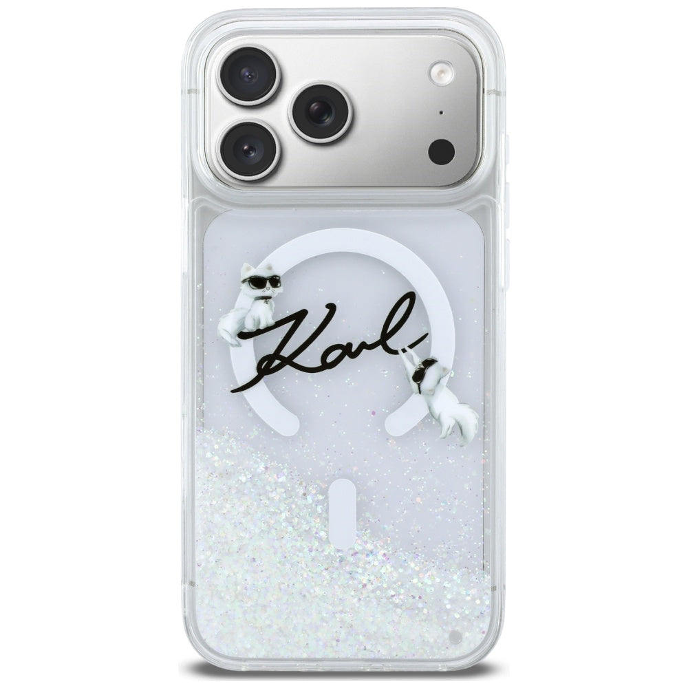 Capa MagSafe para Apple iPhone 17 Pro Max, Karl Lagerfeld, Glitter Karl Script Logo, Transparente